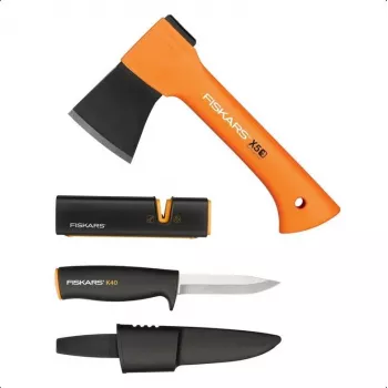 Axe and Knife Set Fiskars 1057913 with Sharpener — handheld axe and utility knife kit