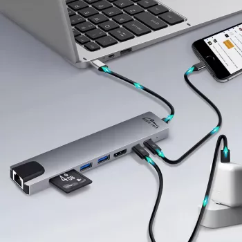 Media-Tech MT5046 8-in-1 USB-C hub, Gigabit LAN, HDMI 4K, USB 3.0, SD/microSD, PD 100 W, Aluminium