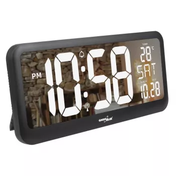 GreenBlue GB214 large digital wall clock with temperature sensor and date, 37x17 cm LCD, wall-mounted or freestanding, adapter & battery powered
