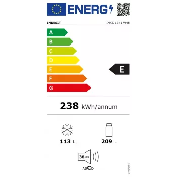 Réfrigérateur INDESIT | INKS 1341 W4E | classe d'efficacité énergétique E | pose libre | combiné | hauteur 173,6 cm | capacité nette réfrigérateur 209 L | capacité nette congélateur 113 L | 38 dB | blanc