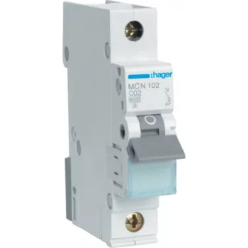 Hager MCN102. Rated Current: 2 A. Type: C-type, Module Quantity (max): 1 Module(e). Width: 17,5 mm, Depth: 70 mm, Height: 83 mm (MCN102)