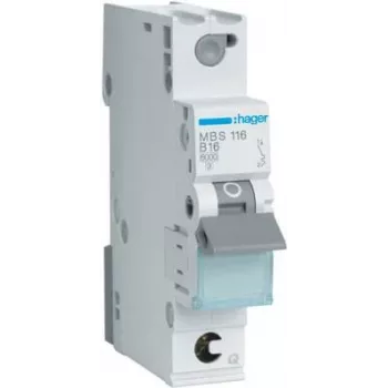Hager MBS116. Rated Current: 16 A, AC Input Frequency: 50/60. Width: 17,5 mm, Depth: 70 mm, Height: 83,4 mm (MBS116)