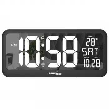 GreenBlue GB214 large digital wall clock with temperature sensor and date, 37x17 cm LCD, wall-mounted or freestanding, adapter & battery powered