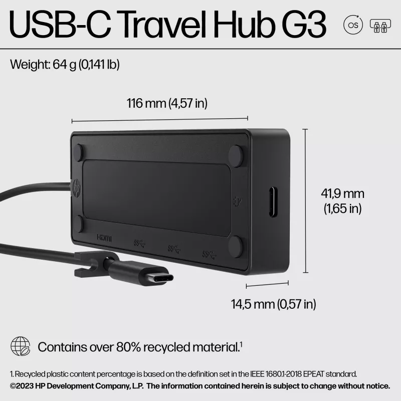 Hub de voyage HP USB-C G3, filaire, USB 3.2 Gen 2 (3.1 Gen 2) Type-C, 60 Hz, HDMI, USB 3.2 Gen 2 (3.1 Gen 2) Type-A, USB 3.2 Gen 2 (3.1 Gen 2) Type-C, Vietnam, USB-C