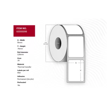 Capture 60000098 Printer Label, 76 x 76 mm, Core 25