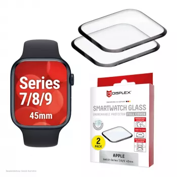 Screen protector Displex Unbreakable Full Cover Smart Glass for Apple Watch 45mm (Series 9/8/7), 2-Pack, Ultra-Thin Edge-to-Edge