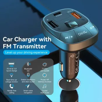 Vention FFLB0 car charger with FM transmitter, Bluetooth 5.0, 3-port USB (USB-C + 2× USB-A), 30W PD, 30W/18W/5W, Black