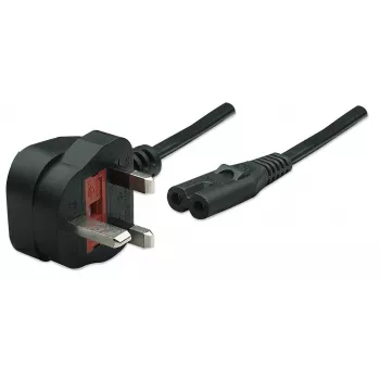 Manhattan Mains Power Cord/Cable, UK 3-pin plug to C7 Female (figure of eight), 1.8m, 13A, Black, Lead, Lifetime Warranty