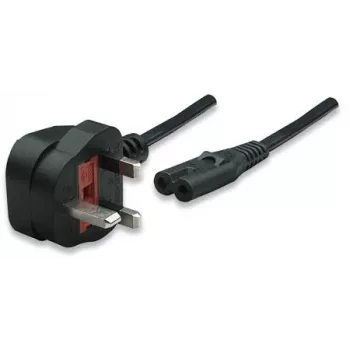 Manhattan Mains Power Cord/Cable, UK 3-pin plug to C7 Female (figure of eight), 1.8m, 13A, Black, Lead, Lifetime Warranty