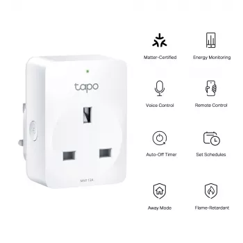 Prise connectée TP-Link Tapo Mini P110M — prise intelligente intérieure Wi-Fi/Bluetooth, 16 A, 100–240 V, 3680 W, blanche