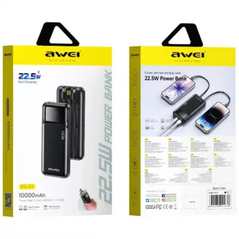 Powerbank Awei PA-91 10000mAh 22,5W PD 2xUSB-C + câble noir