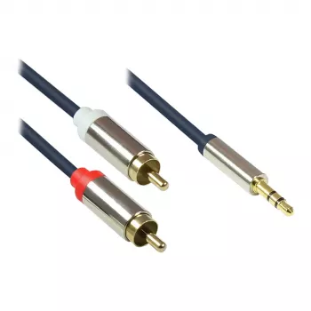 Câble audio de connexion haute qualité 3,5 mm, fiche jack vers 2x fiches RCA, boîtier tout métal, bleu foncé, 3 m, Good Connections (GC-M0060)