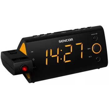 Radio-réveil SENCOR SRC 330 OR — radio-réveil FM avec affichage LED 1,2 inch, double alarme, projection rouge à 180°, température intérieure, pile de secours