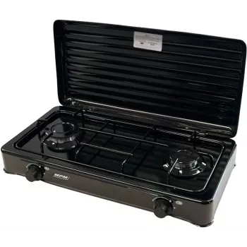 Réchaud à gaz portable Mpm Kn-02/1kb camping 2 brûleurs grille émaillée couvercle de protection standard G30-37 mbar noir