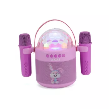 Kit karaoké pour enfants AKAI JoyBox avec Bluetooth, USB, microSD, AUX, radio FM, lumières RGB, changeur de voix, microphone filaire, batterie rechargeable 1200 mAh, 5 W RMS