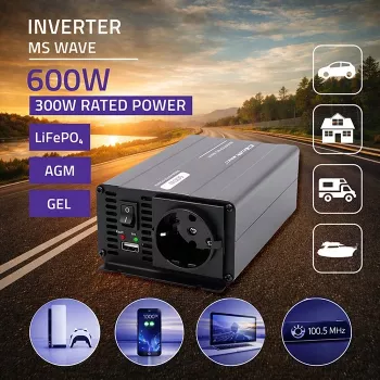 Qoltec MS Wave onduleur 12V vers 230V 300/600W USB compatible LiFePO4 GEL AGM