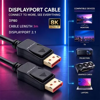 Qoltec Câble DisplayPort 2.1 3m 8K 54Gbps mâle vers mâle