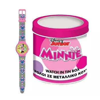 PULIO montre analogique dans boîte métallique - Disney Minnie Mouse, bracelet en cuir PU rose, mouvement à quartz, boîtier en alliage métallique 30 mm, résistante aux éclaboussures, filles 6 ans et plus