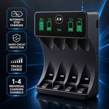 Qoltec 50968 chargeur d'accus NiMH pour AA/AAA avec LCD et câble USB-C, noir