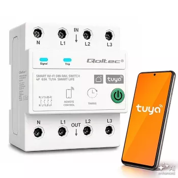 Relais Wi-Fi intelligent triphasé Qoltec 50976 63 A, rail DIN, 3P+N, minuterie, Tuya