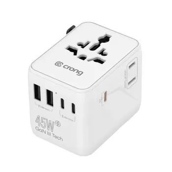 Crong One World Adaptateur de voyage GaN 45W UK/EU/US/AU blanc