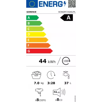 Lave-linge frontal pose libre Gorenje W3NGPI72SAS/PL 7 kg 1200 tr/min avec SteamTech et moteur Inverter PowerDrive