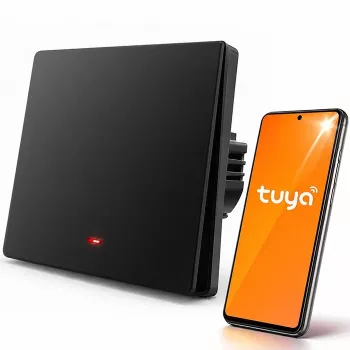Qoltec 52722 Interrupteur d'éclairage Wi-Fi intelligent, 1 canal, panneau tactile, minuterie, Tuya/Smart Life, noir