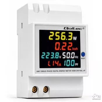 Compteur d'énergie rail DIN 6 en 1 monophasé Qoltec avec TC 100 A, 230 V, LCD, sortie impulsion