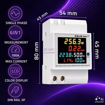 Compteur d'énergie rail DIN 6 en 1 monophasé Qoltec avec TC 100 A, 230 V, LCD, sortie impulsion