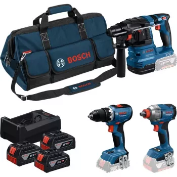 Kit combiné BOSCH Power Tools 18V Professional : marteau perforateur GBH 18V-22 + perceuse-visseuse GSR 18V-65 + clé à chocs GDX 18V-285 (bleu/noir, 3x batterie Li-Ion 5,0 Ah, sac à outils)