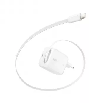 Chargeur mural double GaN 67 W Belkin BOOST CHARGE Pro avec câble USB-C rétractable, blanc