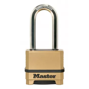 Cadenas à combinaison 4 chiffres réinitialisable Master Lock 175EURDLH, corps en zinc massif, anse longue en acier trempé, largeur du corps 50 mm, diamètre de l'anse 8 mm, dégagement vertical 63 mm, dégagement horizontal 24 mm, usage intérieur/extérieur