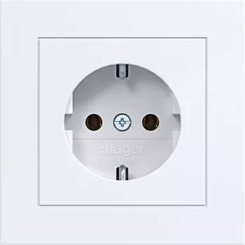 Hager WAS1120WG prise SCHUKO avec couvercle rabattable, ligne de design A.1, blanc lumineux brillant, IP44, 16A, 250V, bornes sans vis