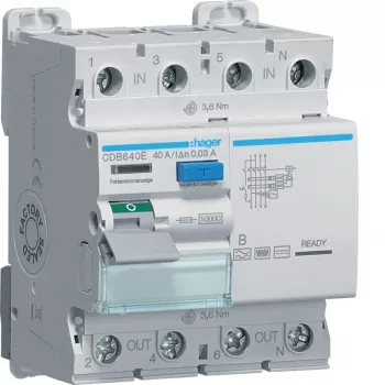 Interrupteur différentiel Hager 4 pôles 10kA 40A 30mA type B CDB640E