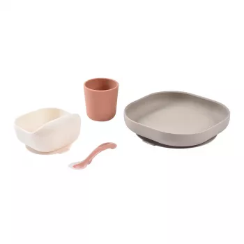 Beaba set de repas bébé en silicone avec base ventouse Terracotta (913602)