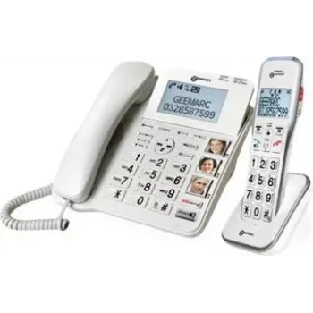 Téléphone senior filaire Geemarc DECT595 COMBI avec répondeur, mains libres, signalisation d'appel optique, compatible appareils auditifs, avec émetteur d'urgence (DECT595_COMBI_WH_VDE)