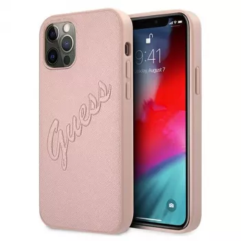 Guess GUHCP12LRSAVSRG Coque rigide Saffiano Vintage Script pour Apple iPhone 12 Pro Max, rose