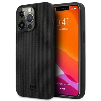 Mercedes-Benz MEHCP13LMBLBK Coque rigide cuir noire 6,1 pouces iPhone 13 Pro / 13 Meshed Metal Logo