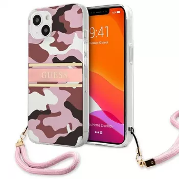 Coque rigide Guess GUHCP13MKCABPI pour iPhone 13 / 14 / 15 6,1 inch Pink Camo Strap Collection