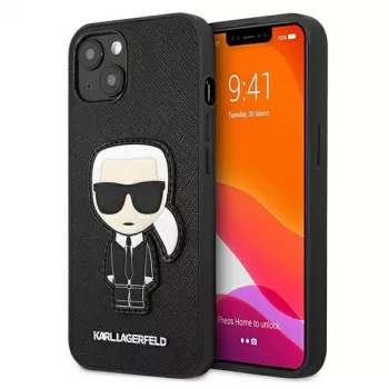 Coque rigide Karl Lagerfeld KLHCP13SOKPK pour iPhone 13 Mini 5,4 inch noire Saffiano Ikonik Karl Patch