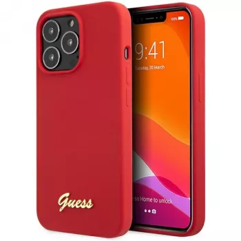 Coque rigide Guess GUHCP13XLSLMGRE pour iPhone 13 Pro Max 6,7 inch bordeaux en silicone avec logo Vintage Gold