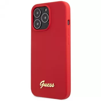 Coque rigide Guess GUHCP13XLSLMGRE pour iPhone 13 Pro Max 6,7 inch bordeaux en silicone avec logo Vintage Gold