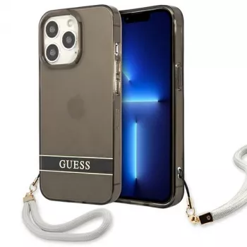 Guess GUHCP13LHTSGSK Coque rigide translucide avec dragonne pour Apple iPhone 13 Pro / iPhone 13, noire
