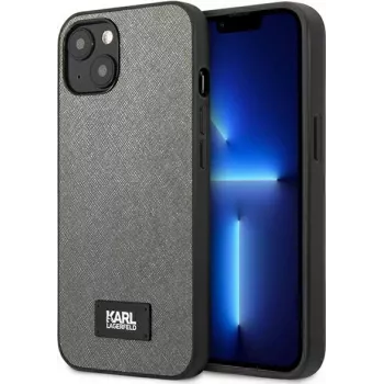 Karl Lagerfeld KLHCP13MSFMP2DG Coque rigide Saffiano Plaque pour iPhone 13/14/15 6,1 pouces - argent