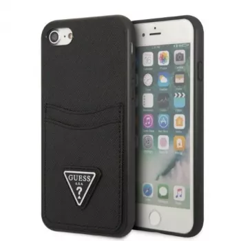 Guess GUHCI8PSATPK Coque rigide pour iPhone 7/8/SE 2020/SE 2022 - noire Saffiano avec logo triangle et emplacement pour cartes