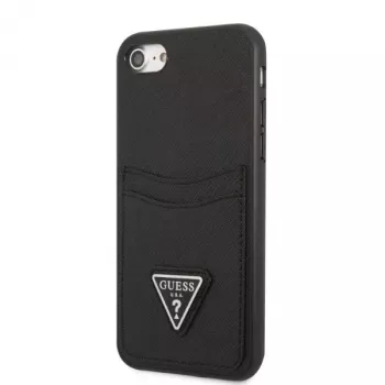 Guess GUHCI8PSATPK Coque rigide pour iPhone 7/8/SE 2020/SE 2022 - noire Saffiano avec logo triangle et emplacement pour cartes