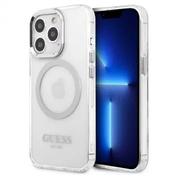 Guess GUHMP13LHTRMS Coque rigide Metal Outline MagSafe pour iPhone 13 Pro / iPhone 13 6,1 pouces - argent