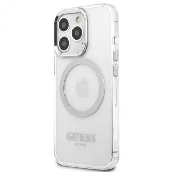 Guess GUHMP13LHTRMS Coque rigide Metal Outline MagSafe pour iPhone 13 Pro / iPhone 13 6,1 pouces - argent