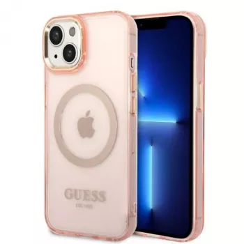 Coque rigide translucide MagSafe Guess Gold Outline pour iPhone 13/14/15 6,1 inch rose