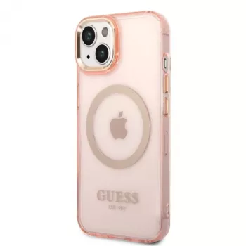 Coque rigide translucide MagSafe Guess Gold Outline pour iPhone 13/14/15 6,1 inch rose